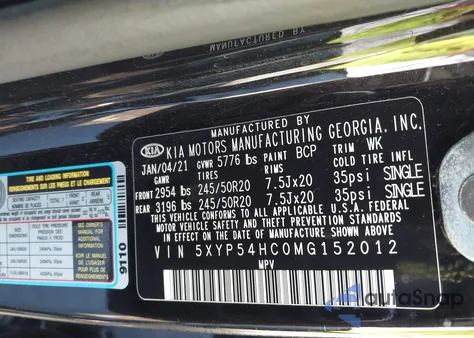 2021 Kia Telluride Sx z USA, uszkodzony, nr VIN 5XYP54HC0MG152012